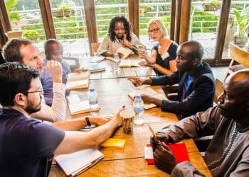 Scientists explain their research to journalists at a Script networking event at the next einstein forum